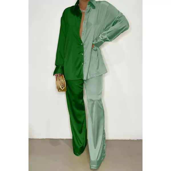 imagePRETTYGARDEN Womens 2 Piece Satin Outfits Long Sleeve Button Down Tops Wide Leg Pants Silk Loungewear Pajama SetsGrass Greenlight Green