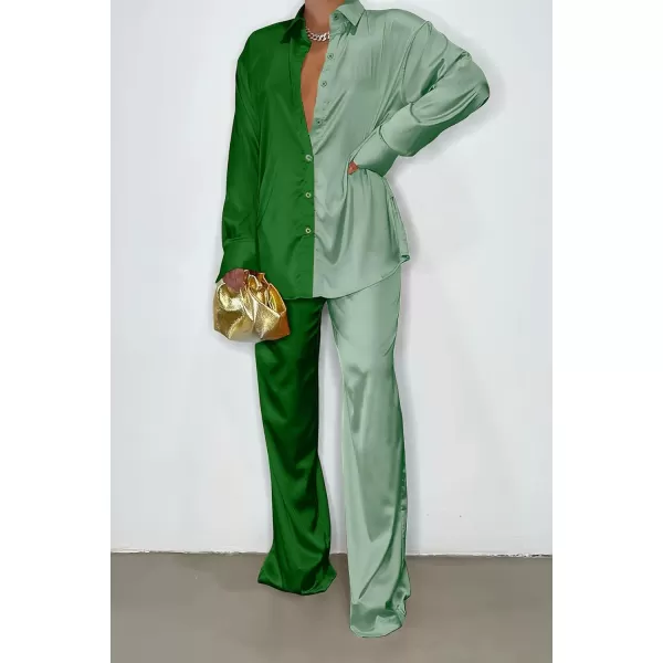 imagePRETTYGARDEN Womens 2 Piece Satin Outfits Long Sleeve Button Down Tops Wide Leg Pants Silk Loungewear Pajama SetsGrass Greenlight Green