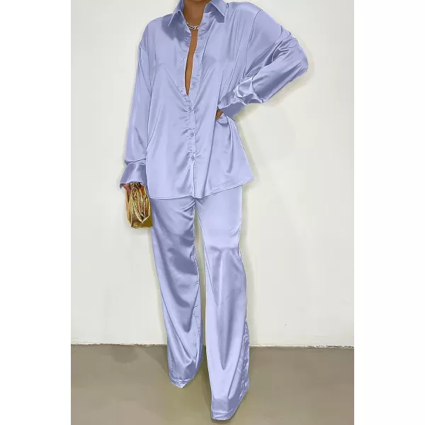 imagePRETTYGARDEN Womens 2 Piece Satin Outfits Long Sleeve Button Down Tops Wide Leg Pants Silk Loungewear Pajama SetsLight Blue