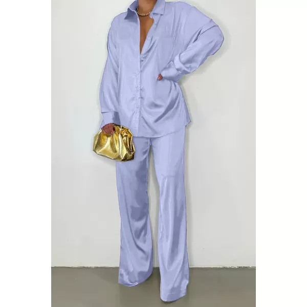 imagePRETTYGARDEN Womens 2 Piece Satin Outfits Long Sleeve Button Down Tops Wide Leg Pants Silk Loungewear Pajama SetsLight Blue