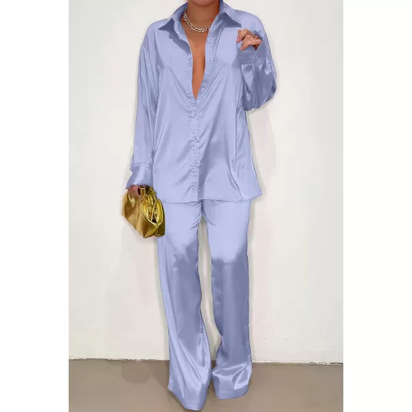 imagePRETTYGARDEN Womens 2 Piece Satin Outfits Long Sleeve Button Down Tops Wide Leg Pants Silk Loungewear Pajama SetsLight Blue