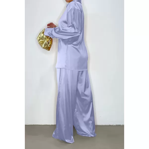 imagePRETTYGARDEN Womens 2 Piece Satin Outfits Long Sleeve Button Down Tops Wide Leg Pants Silk Loungewear Pajama SetsLight Blue