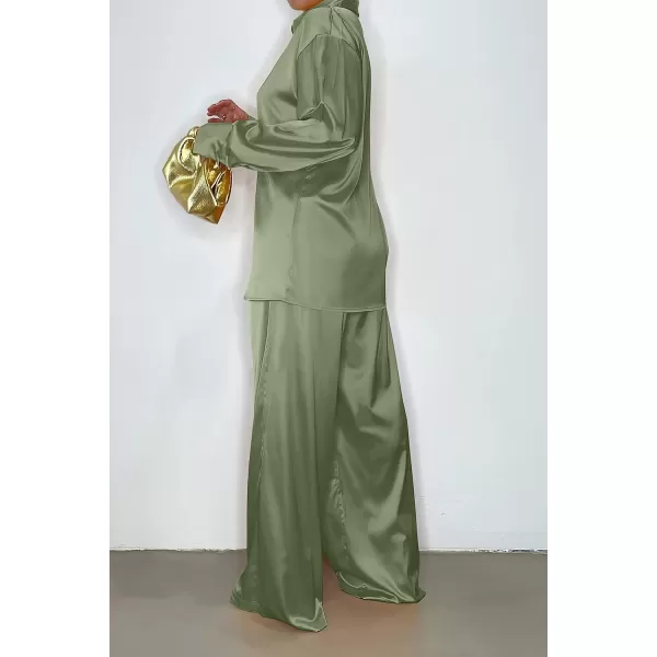 imagePRETTYGARDEN Womens 2 Piece Satin Outfits Long Sleeve Button Down Tops Wide Leg Pants Silk Loungewear Pajama SetsLight Green