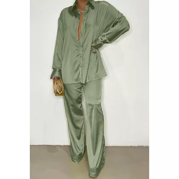 imagePRETTYGARDEN Womens 2 Piece Satin Outfits Long Sleeve Button Down Tops Wide Leg Pants Silk Loungewear Pajama SetsLight Green