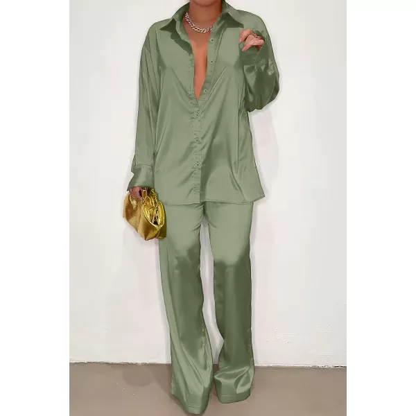 imagePRETTYGARDEN Womens 2 Piece Satin Outfits Long Sleeve Button Down Tops Wide Leg Pants Silk Loungewear Pajama SetsLight Green