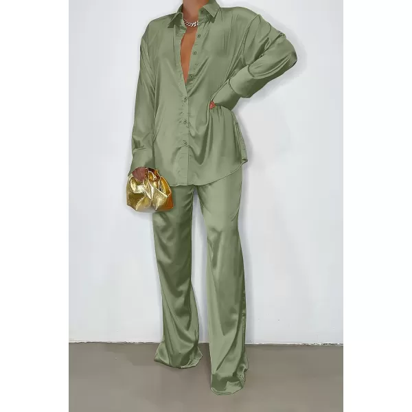 imagePRETTYGARDEN Womens 2 Piece Satin Outfits Long Sleeve Button Down Tops Wide Leg Pants Silk Loungewear Pajama SetsLight Green