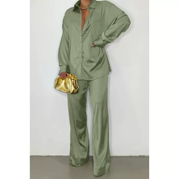 imagePRETTYGARDEN Womens 2 Piece Satin Outfits Long Sleeve Button Down Tops Wide Leg Pants Silk Loungewear Pajama SetsLight Green
