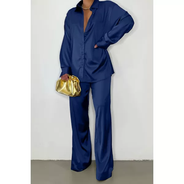 imagePRETTYGARDEN Womens 2 Piece Satin Outfits Long Sleeve Button Down Tops Wide Leg Pants Silk Loungewear Pajama SetsNavy