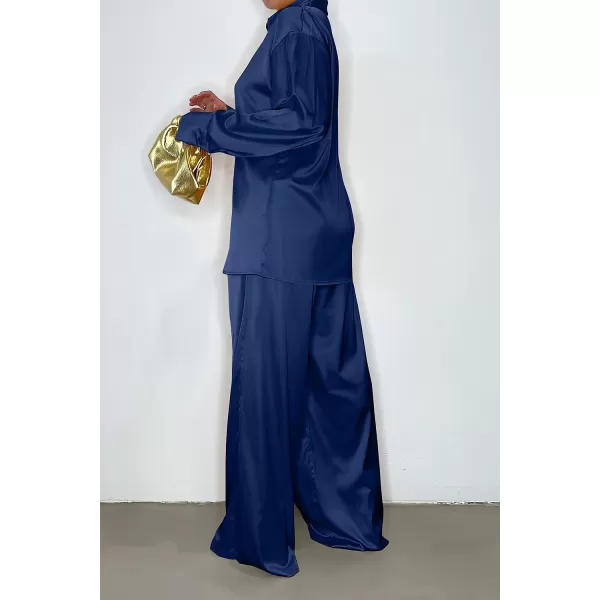 imagePRETTYGARDEN Womens 2 Piece Satin Outfits Long Sleeve Button Down Tops Wide Leg Pants Silk Loungewear Pajama SetsNavy