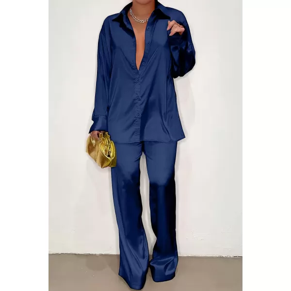 imagePRETTYGARDEN Womens 2 Piece Satin Outfits Long Sleeve Button Down Tops Wide Leg Pants Silk Loungewear Pajama SetsNavy