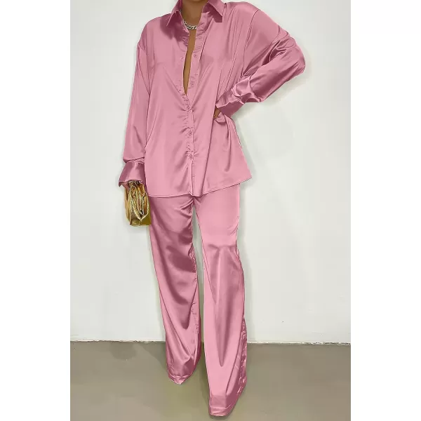 imagePRETTYGARDEN Womens 2 Piece Satin Outfits Long Sleeve Button Down Tops Wide Leg Pants Silk Loungewear Pajama SetsPink