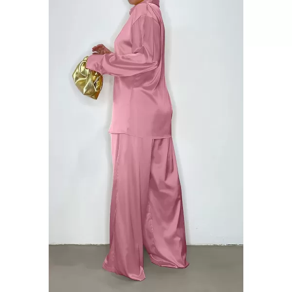 imagePRETTYGARDEN Womens 2 Piece Satin Outfits Long Sleeve Button Down Tops Wide Leg Pants Silk Loungewear Pajama SetsPink