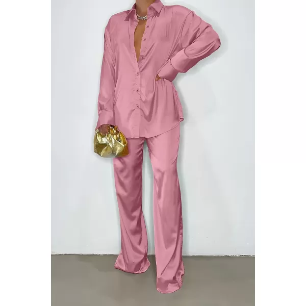imagePRETTYGARDEN Womens 2 Piece Satin Outfits Long Sleeve Button Down Tops Wide Leg Pants Silk Loungewear Pajama SetsPink