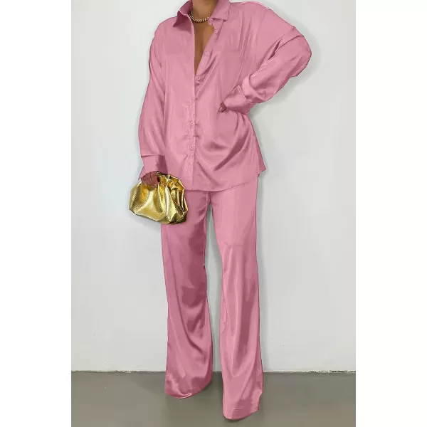 imagePRETTYGARDEN Womens 2 Piece Satin Outfits Long Sleeve Button Down Tops Wide Leg Pants Silk Loungewear Pajama SetsPink