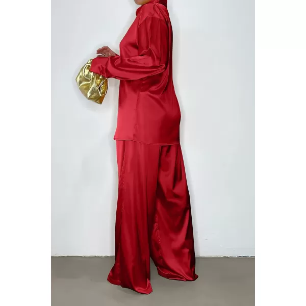 imagePRETTYGARDEN Womens 2 Piece Satin Outfits Long Sleeve Button Down Tops Wide Leg Pants Silk Loungewear Pajama SetsRed