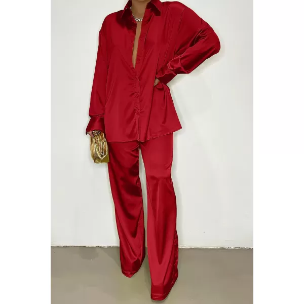 imagePRETTYGARDEN Womens 2 Piece Satin Outfits Long Sleeve Button Down Tops Wide Leg Pants Silk Loungewear Pajama SetsRed