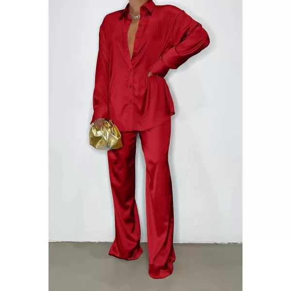 imagePRETTYGARDEN Womens 2 Piece Satin Outfits Long Sleeve Button Down Tops Wide Leg Pants Silk Loungewear Pajama SetsRed
