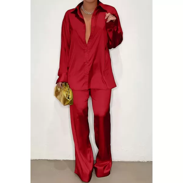 imagePRETTYGARDEN Womens 2 Piece Satin Outfits Long Sleeve Button Down Tops Wide Leg Pants Silk Loungewear Pajama SetsRed