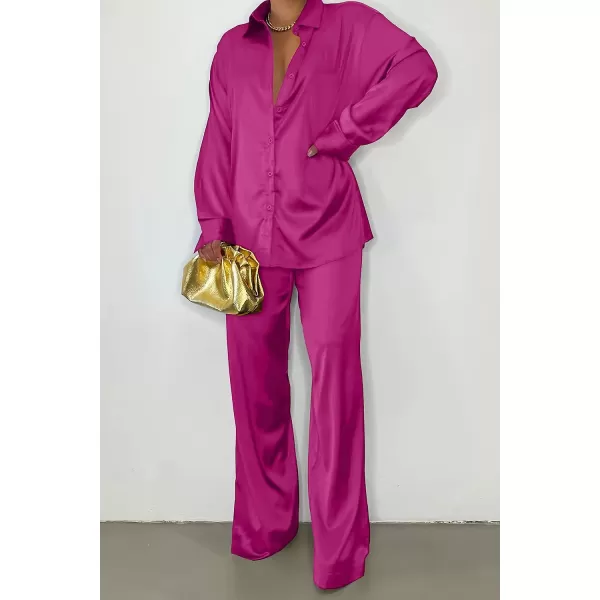 imagePRETTYGARDEN Womens 2 Piece Satin Outfits Long Sleeve Button Down Tops Wide Leg Pants Silk Loungewear Pajama SetsRose Red
