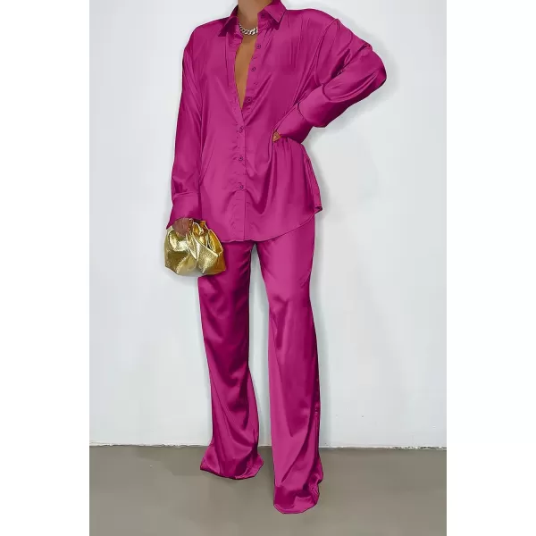 imagePRETTYGARDEN Womens 2 Piece Satin Outfits Long Sleeve Button Down Tops Wide Leg Pants Silk Loungewear Pajama SetsRose Red