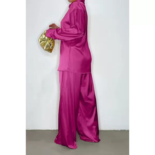 imagePRETTYGARDEN Womens 2 Piece Satin Outfits Long Sleeve Button Down Tops Wide Leg Pants Silk Loungewear Pajama SetsRose Red
