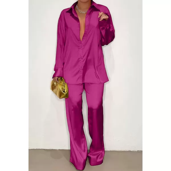 imagePRETTYGARDEN Womens 2 Piece Satin Outfits Long Sleeve Button Down Tops Wide Leg Pants Silk Loungewear Pajama SetsRose Red