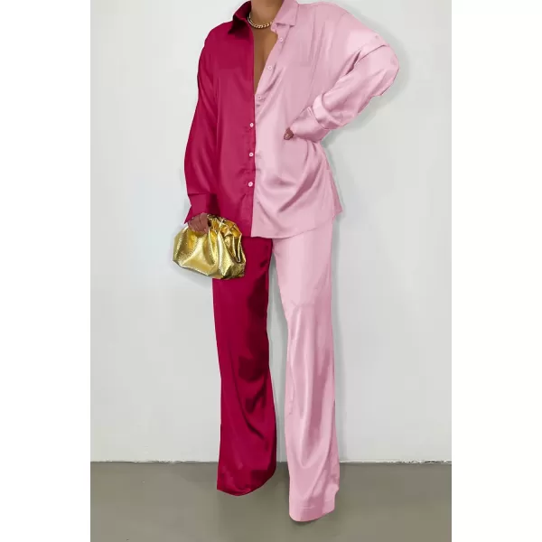 imagePRETTYGARDEN Womens 2 Piece Satin Outfits Long Sleeve Button Down Tops Wide Leg Pants Silk Loungewear Pajama SetsRose Redpink