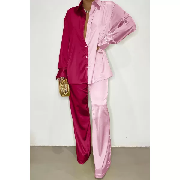 imagePRETTYGARDEN Womens 2 Piece Satin Outfits Long Sleeve Button Down Tops Wide Leg Pants Silk Loungewear Pajama SetsRose Redpink