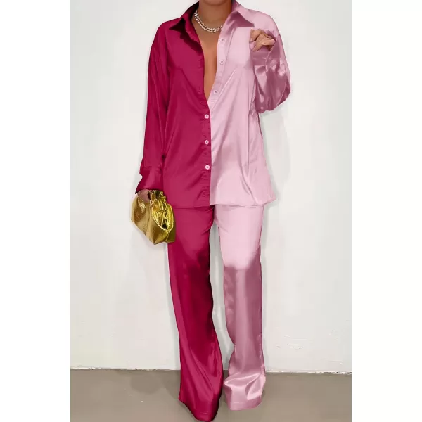 imagePRETTYGARDEN Womens 2 Piece Satin Outfits Long Sleeve Button Down Tops Wide Leg Pants Silk Loungewear Pajama SetsRose Redpink