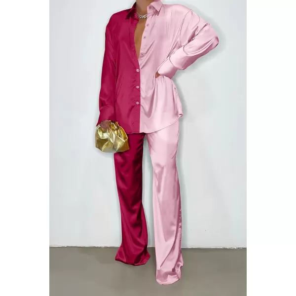 imagePRETTYGARDEN Womens 2 Piece Satin Outfits Long Sleeve Button Down Tops Wide Leg Pants Silk Loungewear Pajama SetsRose Redpink