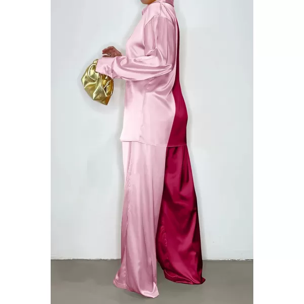 imagePRETTYGARDEN Womens 2 Piece Satin Outfits Long Sleeve Button Down Tops Wide Leg Pants Silk Loungewear Pajama SetsRose Redpink