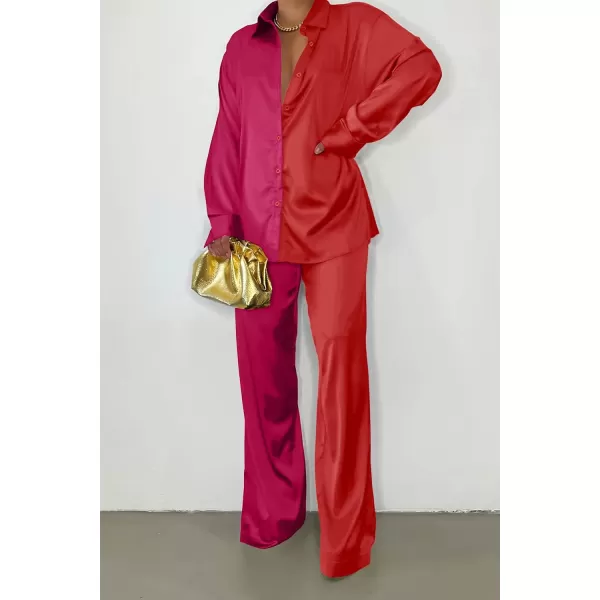 imagePRETTYGARDEN Womens 2 Piece Satin Outfits Long Sleeve Button Down Tops Wide Leg Pants Silk Loungewear Pajama SetsRose Redred
