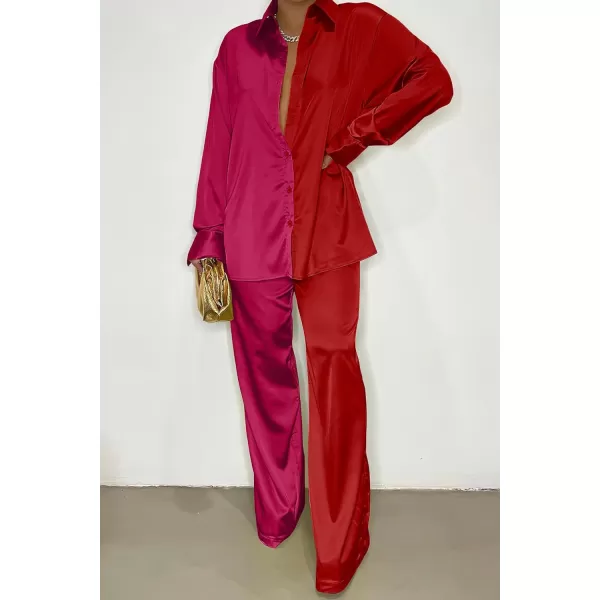 imagePRETTYGARDEN Womens 2 Piece Satin Outfits Long Sleeve Button Down Tops Wide Leg Pants Silk Loungewear Pajama SetsRose Redred