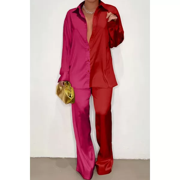 imagePRETTYGARDEN Womens 2 Piece Satin Outfits Long Sleeve Button Down Tops Wide Leg Pants Silk Loungewear Pajama SetsRose Redred