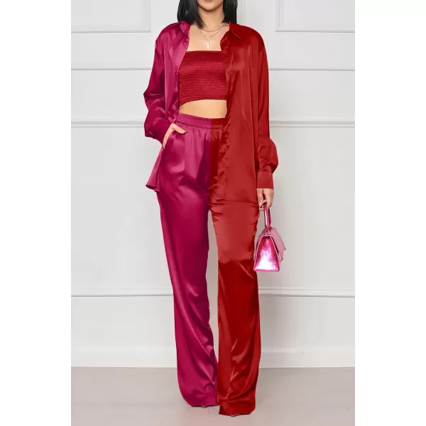 imagePRETTYGARDEN Womens 2 Piece Satin Outfits Long Sleeve Button Down Tops Wide Leg Pants Silk Loungewear Pajama SetsRose Redred