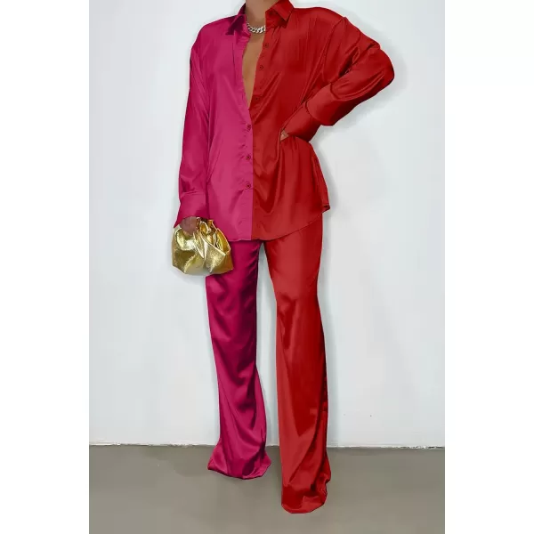 imagePRETTYGARDEN Womens 2 Piece Satin Outfits Long Sleeve Button Down Tops Wide Leg Pants Silk Loungewear Pajama SetsRose Redred