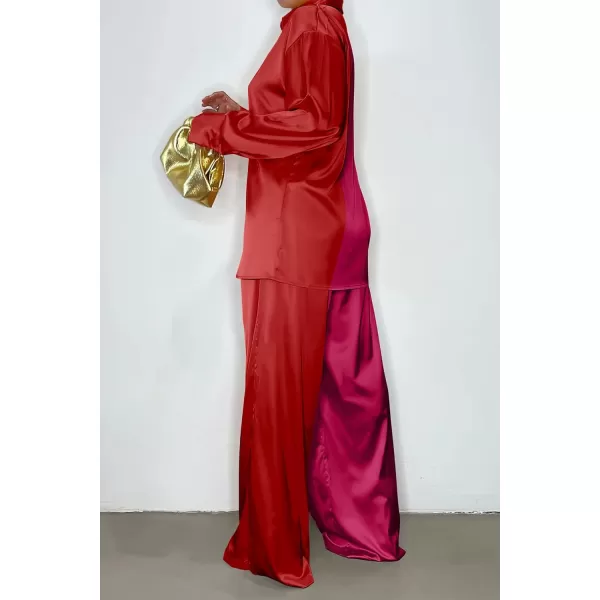 imagePRETTYGARDEN Womens 2 Piece Satin Outfits Long Sleeve Button Down Tops Wide Leg Pants Silk Loungewear Pajama SetsRose Redred