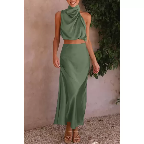 imagePRETTYGARDEN Womens 2 Piece Satin Outfits Summer Sleeveless Mock Neck Crop Tops And Long Skirt Dress SetsArmy Green
