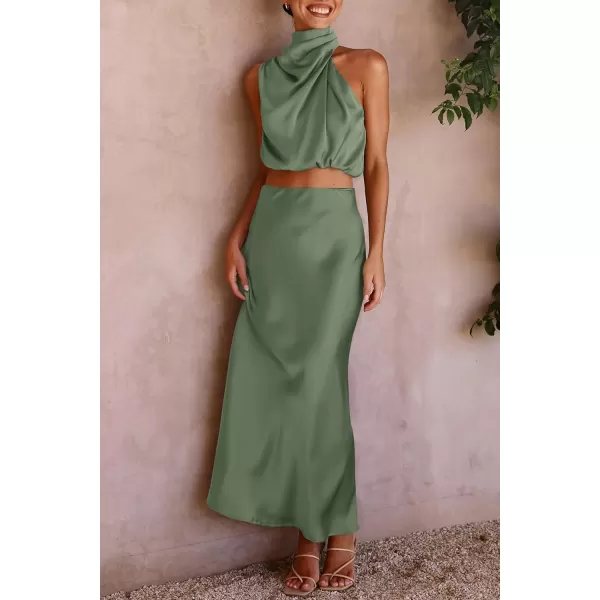 imagePRETTYGARDEN Womens 2 Piece Satin Outfits Summer Sleeveless Mock Neck Crop Tops And Long Skirt Dress SetsArmy Green