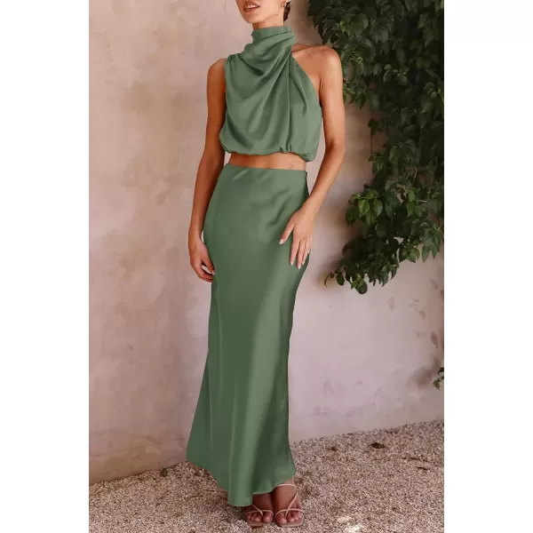 imagePRETTYGARDEN Womens 2 Piece Satin Outfits Summer Sleeveless Mock Neck Crop Tops And Long Skirt Dress SetsArmy Green