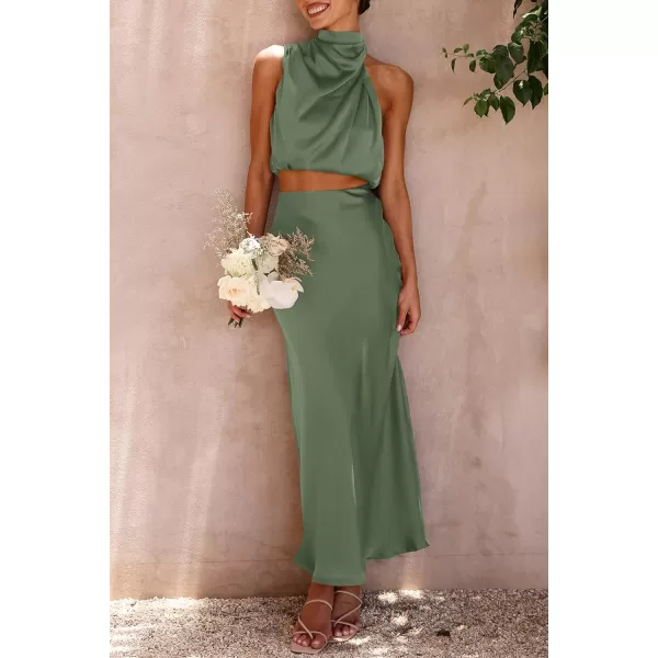 imagePRETTYGARDEN Womens 2 Piece Satin Outfits Summer Sleeveless Mock Neck Crop Tops And Long Skirt Dress SetsArmy Green