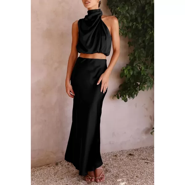 imagePRETTYGARDEN Womens 2 Piece Satin Outfits Summer Sleeveless Mock Neck Crop Tops And Long Skirt Dress SetsBlack