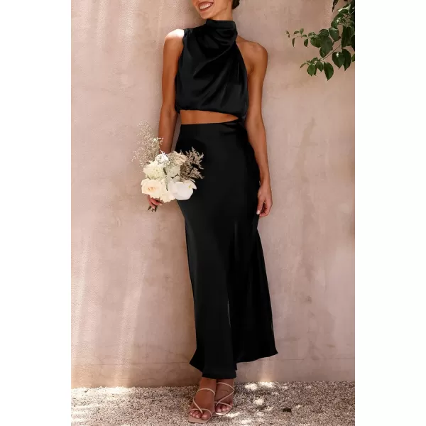 imagePRETTYGARDEN Womens 2 Piece Satin Outfits Summer Sleeveless Mock Neck Crop Tops And Long Skirt Dress SetsBlack