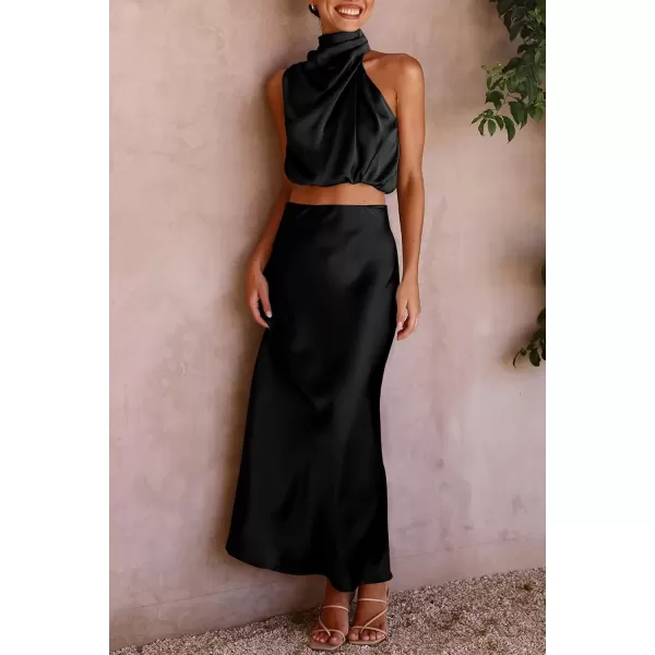 imagePRETTYGARDEN Womens 2 Piece Satin Outfits Summer Sleeveless Mock Neck Crop Tops And Long Skirt Dress SetsBlack