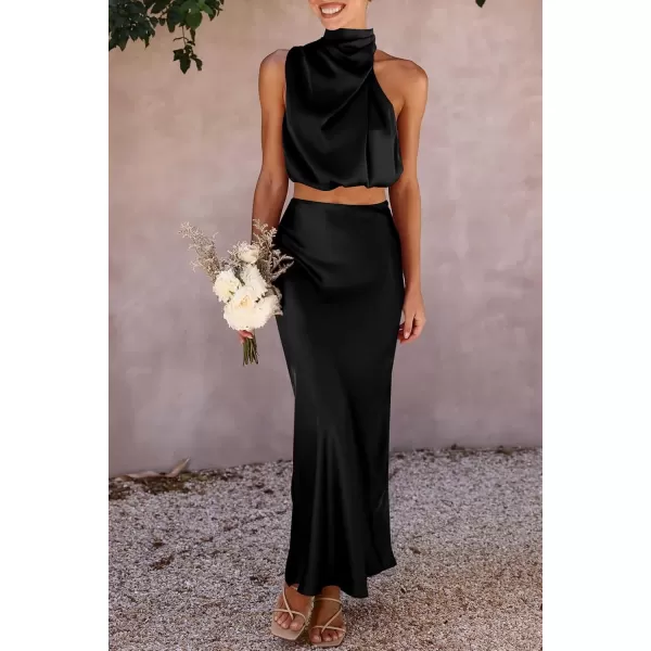 imagePRETTYGARDEN Womens 2 Piece Satin Outfits Summer Sleeveless Mock Neck Crop Tops And Long Skirt Dress SetsBlack