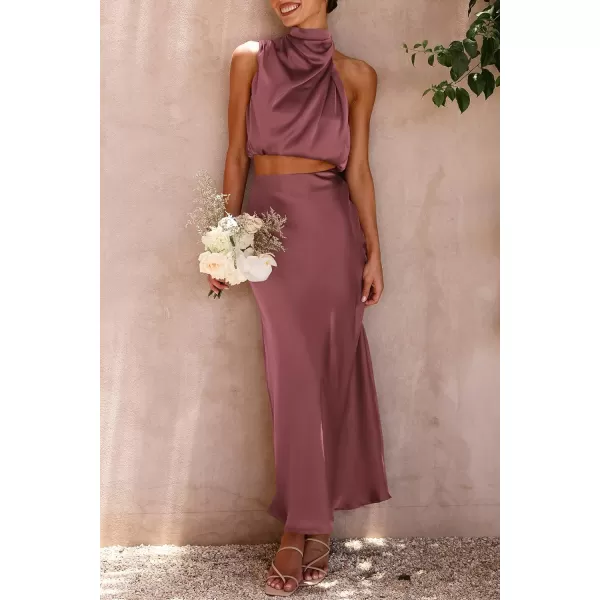 imagePRETTYGARDEN Womens 2 Piece Satin Outfits Summer Sleeveless Mock Neck Crop Tops And Long Skirt Dress SetsBrick Red