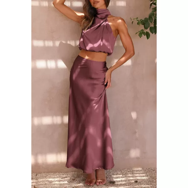 imagePRETTYGARDEN Womens 2 Piece Satin Outfits Summer Sleeveless Mock Neck Crop Tops And Long Skirt Dress SetsBrick Red