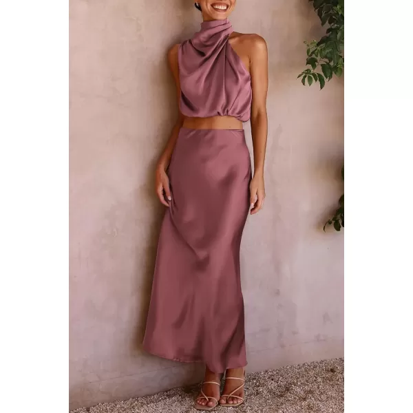 imagePRETTYGARDEN Womens 2 Piece Satin Outfits Summer Sleeveless Mock Neck Crop Tops And Long Skirt Dress SetsBrick Red