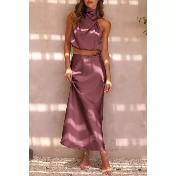 imagePRETTYGARDEN Womens 2 Piece Satin Outfits Summer Sleeveless Mock Neck Crop Tops And Long Skirt Dress SetsBrick Red