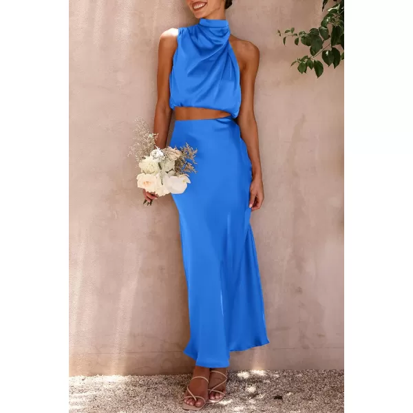 imagePRETTYGARDEN Womens 2 Piece Satin Outfits Summer Sleeveless Mock Neck Crop Tops And Long Skirt Dress SetsBrilliant Blue